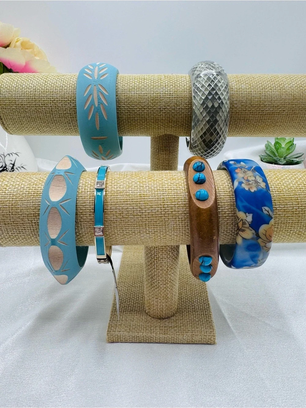 Boho Mixed Bangle Bracelet Lot Blue Wood Silver Floral Statement Bracelets 6 pcs